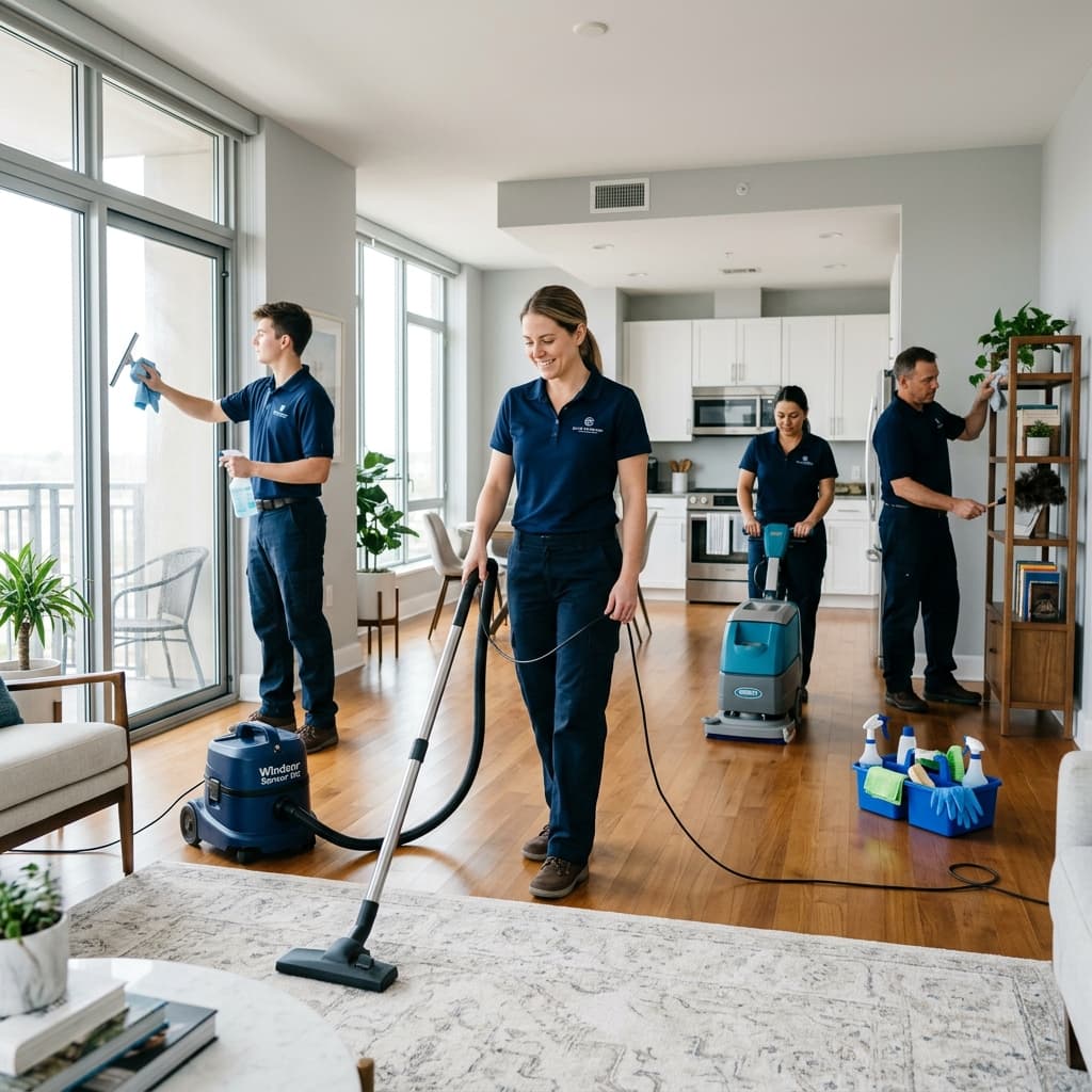 Professional cleaning crew scrubbing and descaling